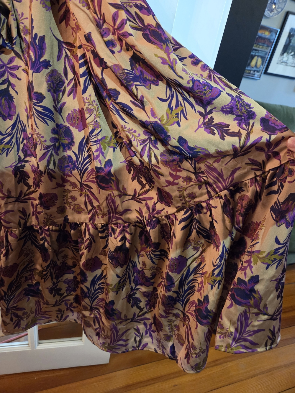 Floral Ruffle Dress with Tie Waist in Purple and Bronze - Size 16W - Picture 6 of 7